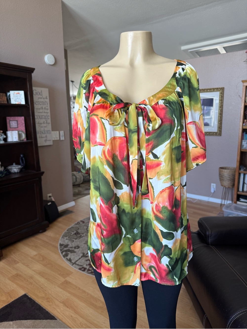Jaclyn Smith Floral Silky Tie-Neck Blouse in Green, Red, Orange, Yellow-size 2X